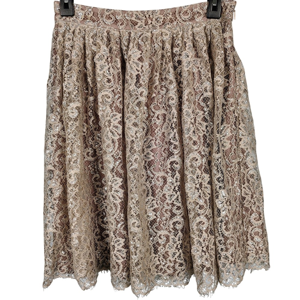 HD in Paris Womens SZ 6 Lace Pleated A-Line Skirt Pink Metallic Coquette Party